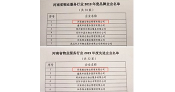 2019年12月27日，建業(yè)物業(yè)獲評由河南省物業(yè)管理協(xié)會授予的“河南省物業(yè)服務(wù)行業(yè)2019年度品牌企業(yè)”“河南省物業(yè)服務(wù)行業(yè)2019年度先進企業(yè)”榮譽稱號。